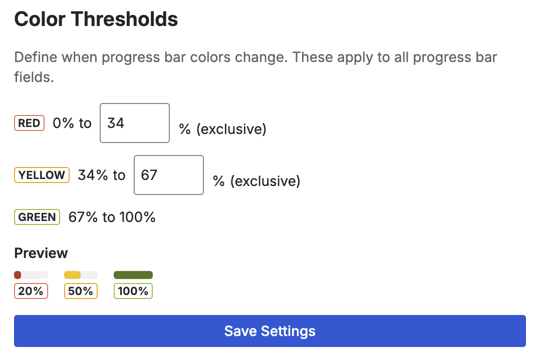 Visual Progress Tracker color threshold settings showing the admin UI with configurable red, yellow, and green boundaries and a live preview