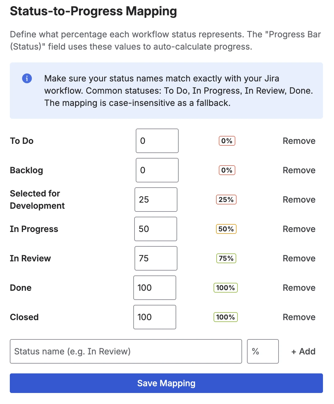 Admin page showing status-to-progress mapping configuration