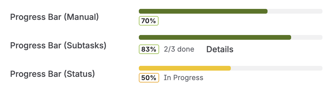 All three progress bar types on a Jira issue: Manual at 70%, Subtasks at 83% (2/3 done), Status at 50% (In Progress)