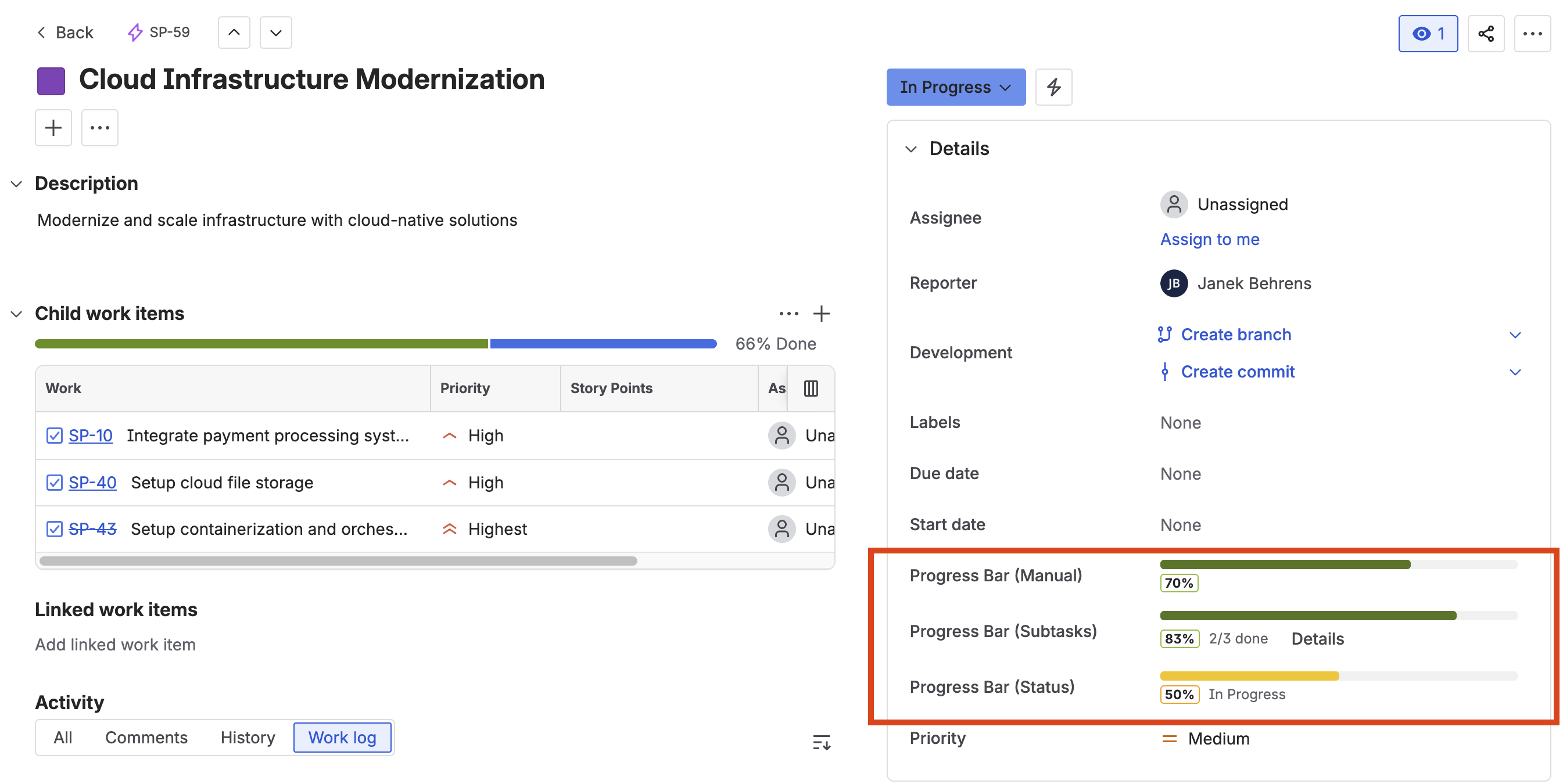 Jira issue with all three progress bar types — Manual, Status-Based, and Subtask