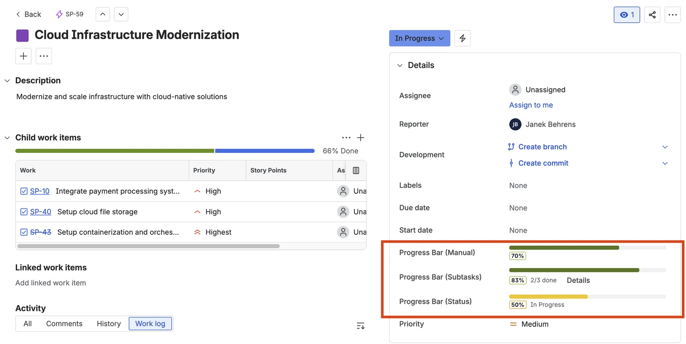 Jira issue view showing all three progress bar field types with color-coded bars