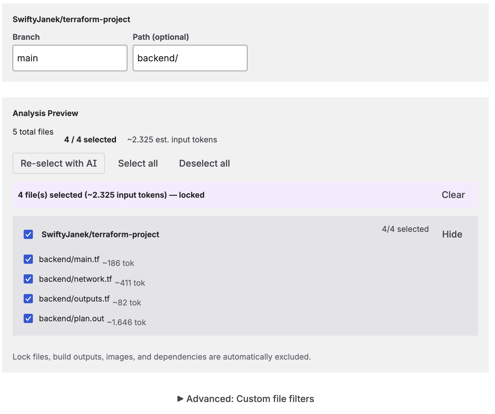 File analysis preview in CodeDoc AI showing file count, token estimate, and AI-selected files