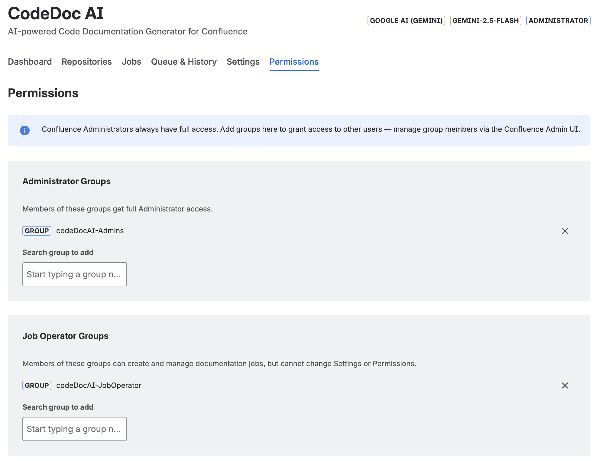CodeDoc AI Permissions tab showing Administrator Groups and Job Operator Groups