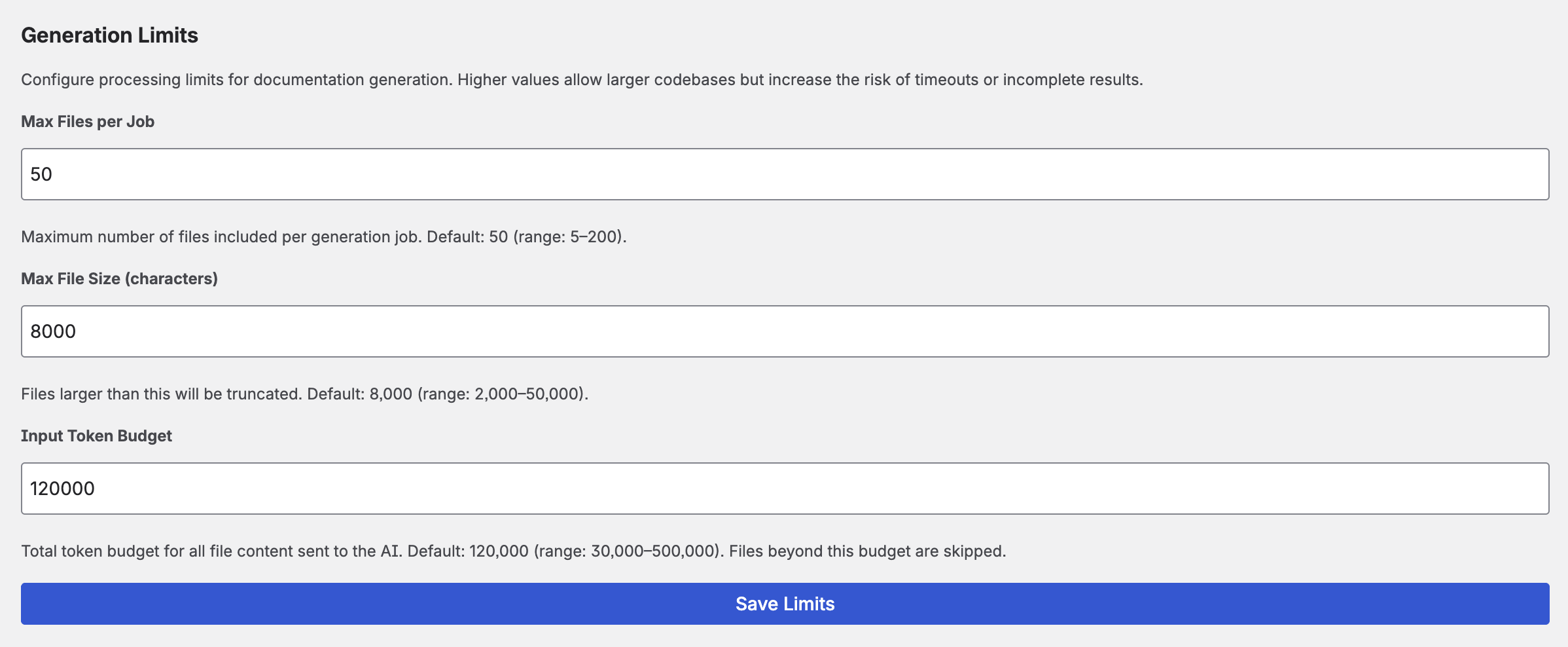 Generation Limits Settings