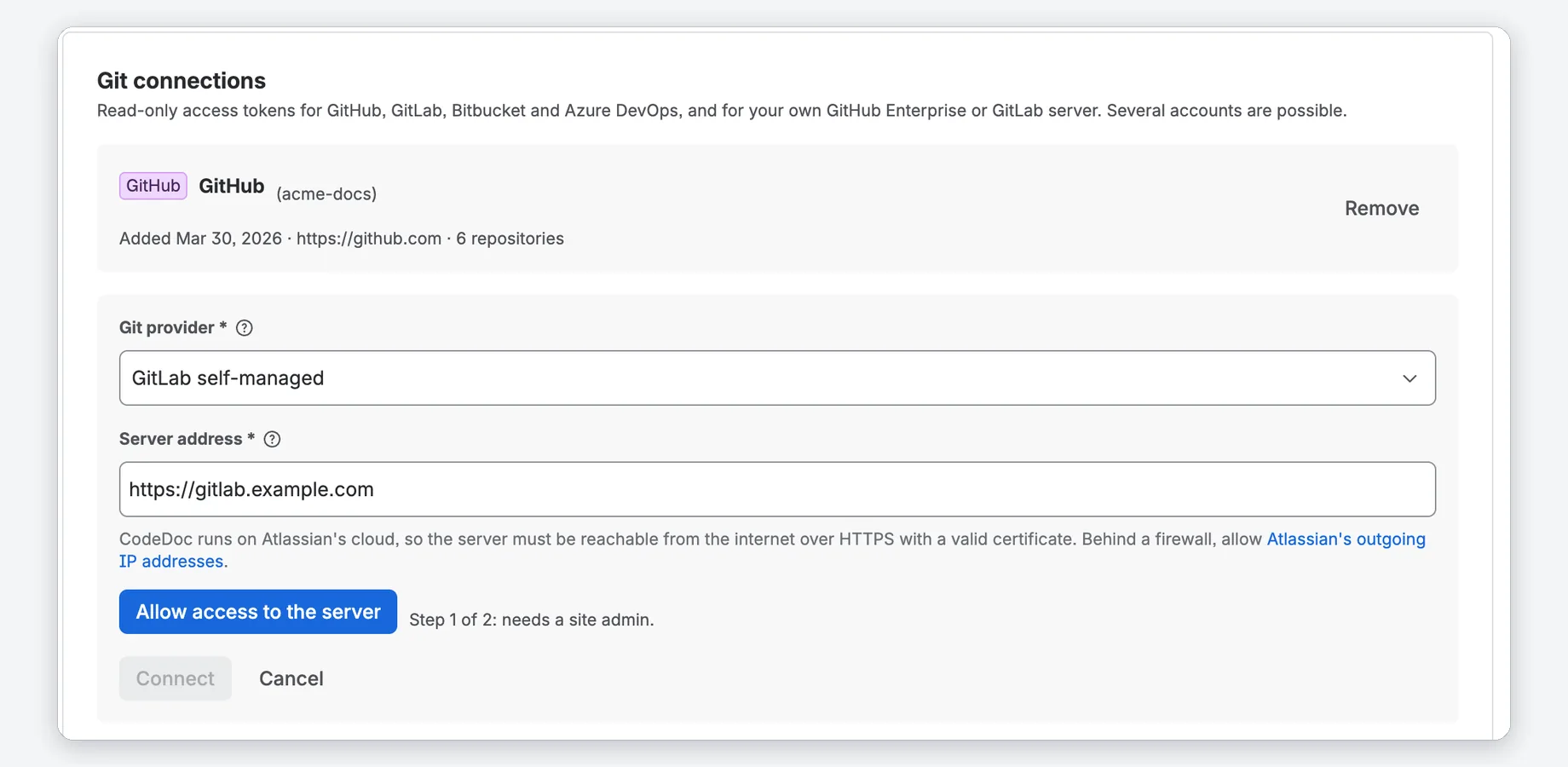Settings, Git connections: Formular für GitLab self-managed mit Serveradresse und Allow access to the server