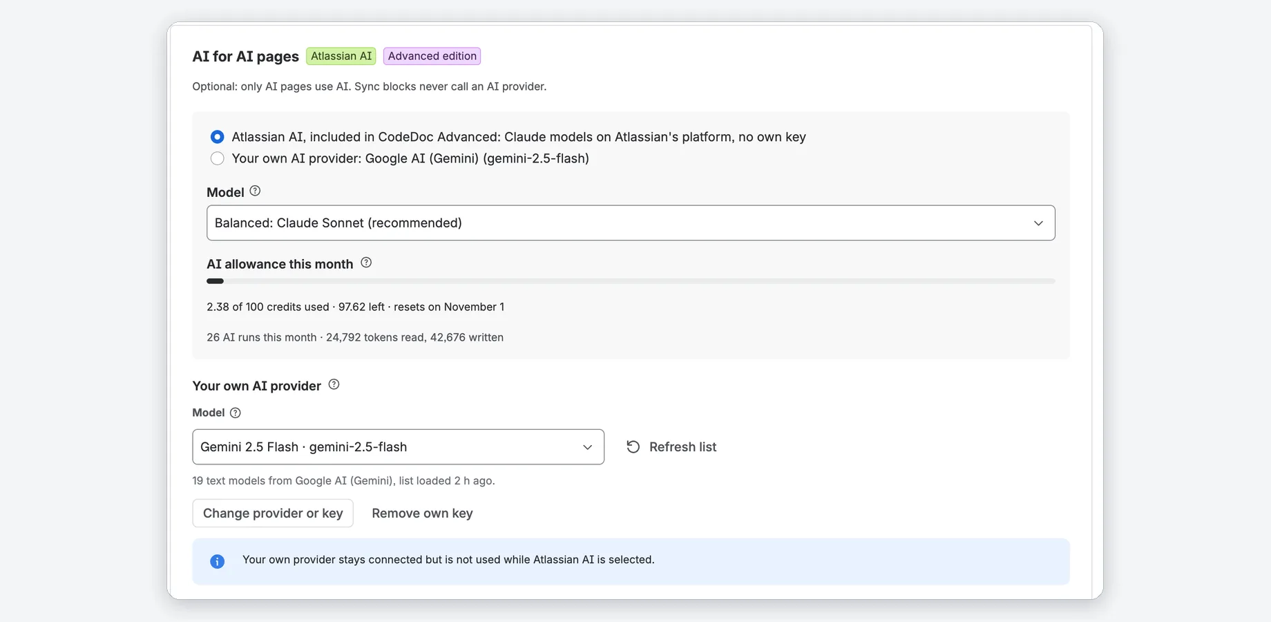 CodeDoc Advanced: Atlassian AI mit monatlicher Kontingentanzeige und Auswahl eines eigenen KI-Anbieters