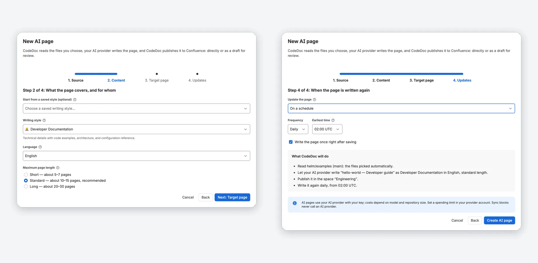 Neue KI-Seite: Schritt Content mit Schreibstil, Sprache und Seitenlänge sowie Schritt Updates mit täglichem Zeitplan und Zusammenfassung