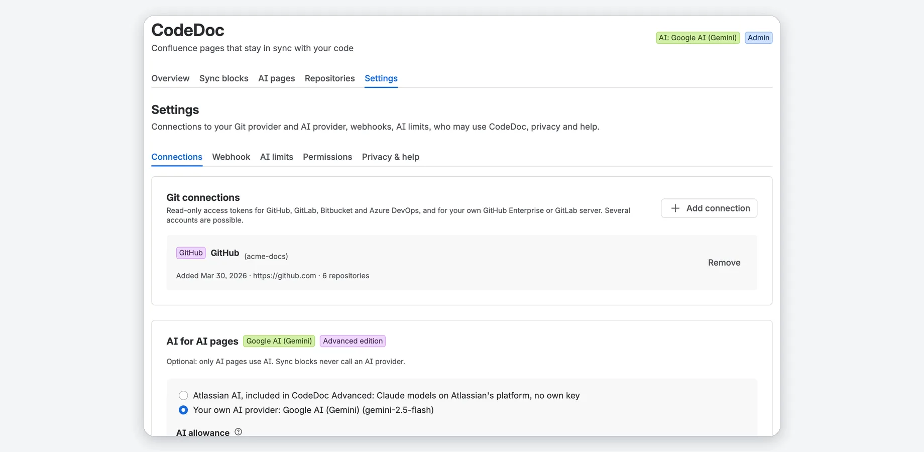 Settings, Connections: Git-Verbindung mit Token nur für Lesezugriff und KI-Karte mit Atlassian AI oder eigenem KI-Anbieter