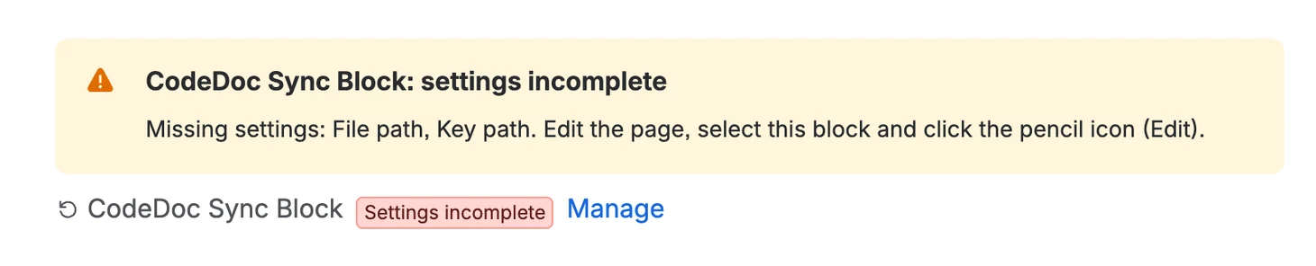 Blockmeldung: CodeDoc Sync Block settings incomplete mit fehlendem Dateipfad und Schlüsselpfad samt Anleitung