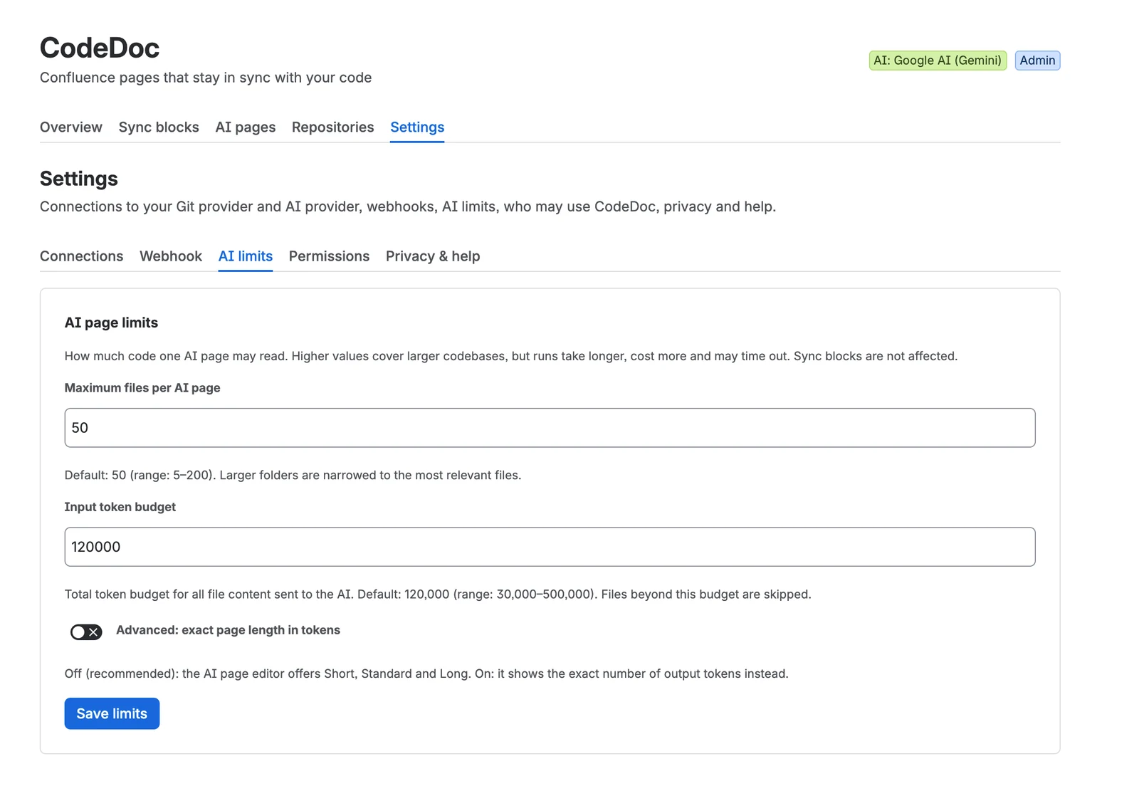 Settings, AI limits: maximale Dateianzahl pro KI-Seite und Eingabetokenbudget