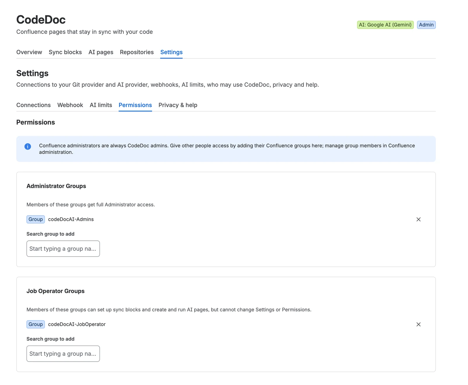 Settings, Permissions: Administratorgruppen und Job-Operator-Gruppen