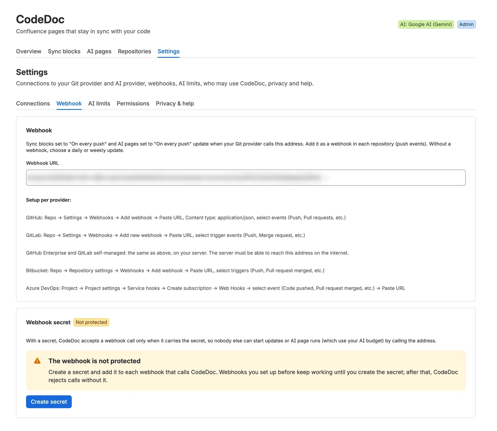 Settings, Webhook: unkenntlich gemachte Webhook-Adresse, Einrichtungsschritte je Git-Anbieter und Karte für das Webhook-Geheimnis