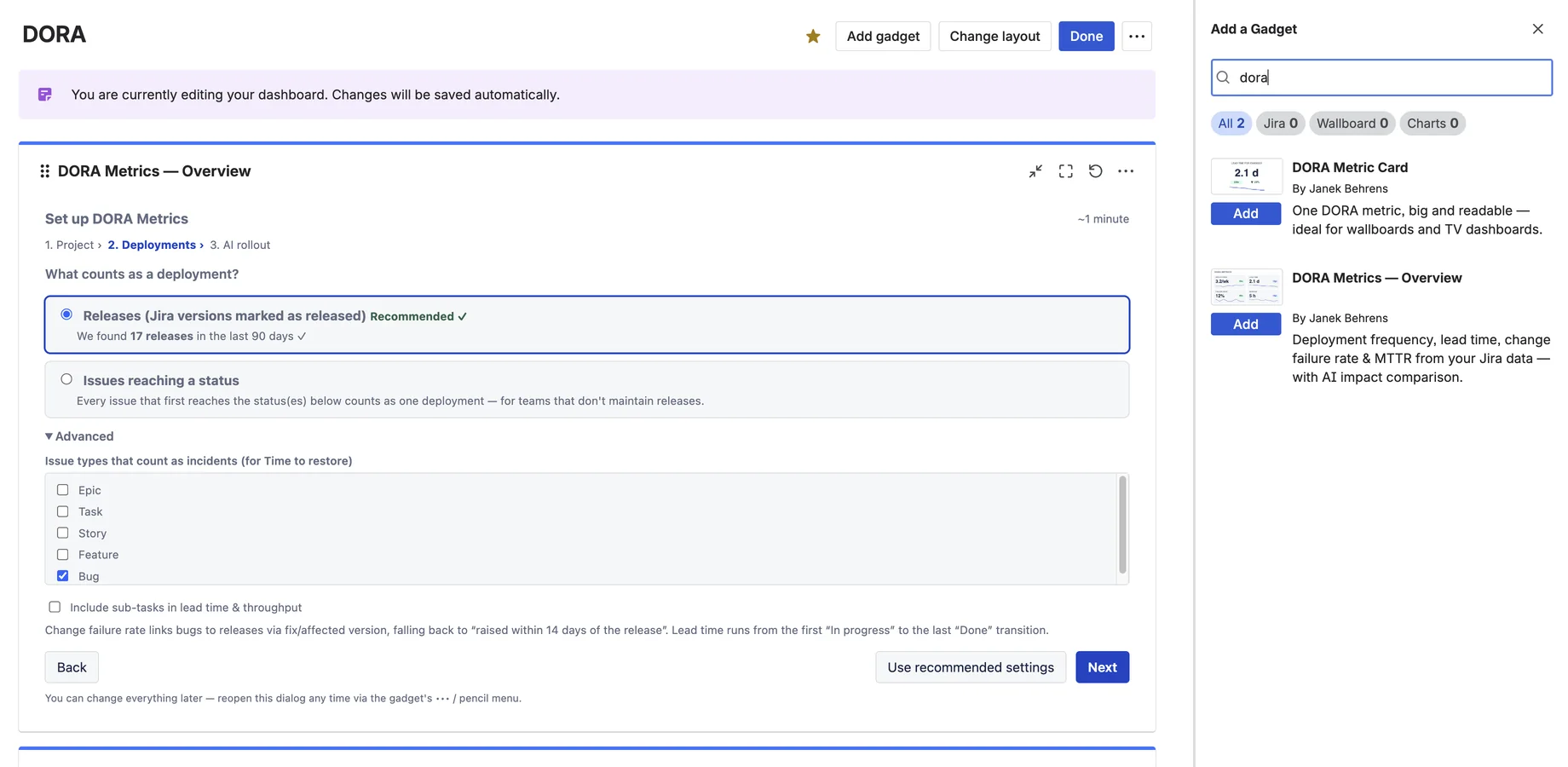 DORA Metrics setup wizard step two: choosing what counts as a deployment in Jira, with releases recommended after finding 17 releases in the last 90 days