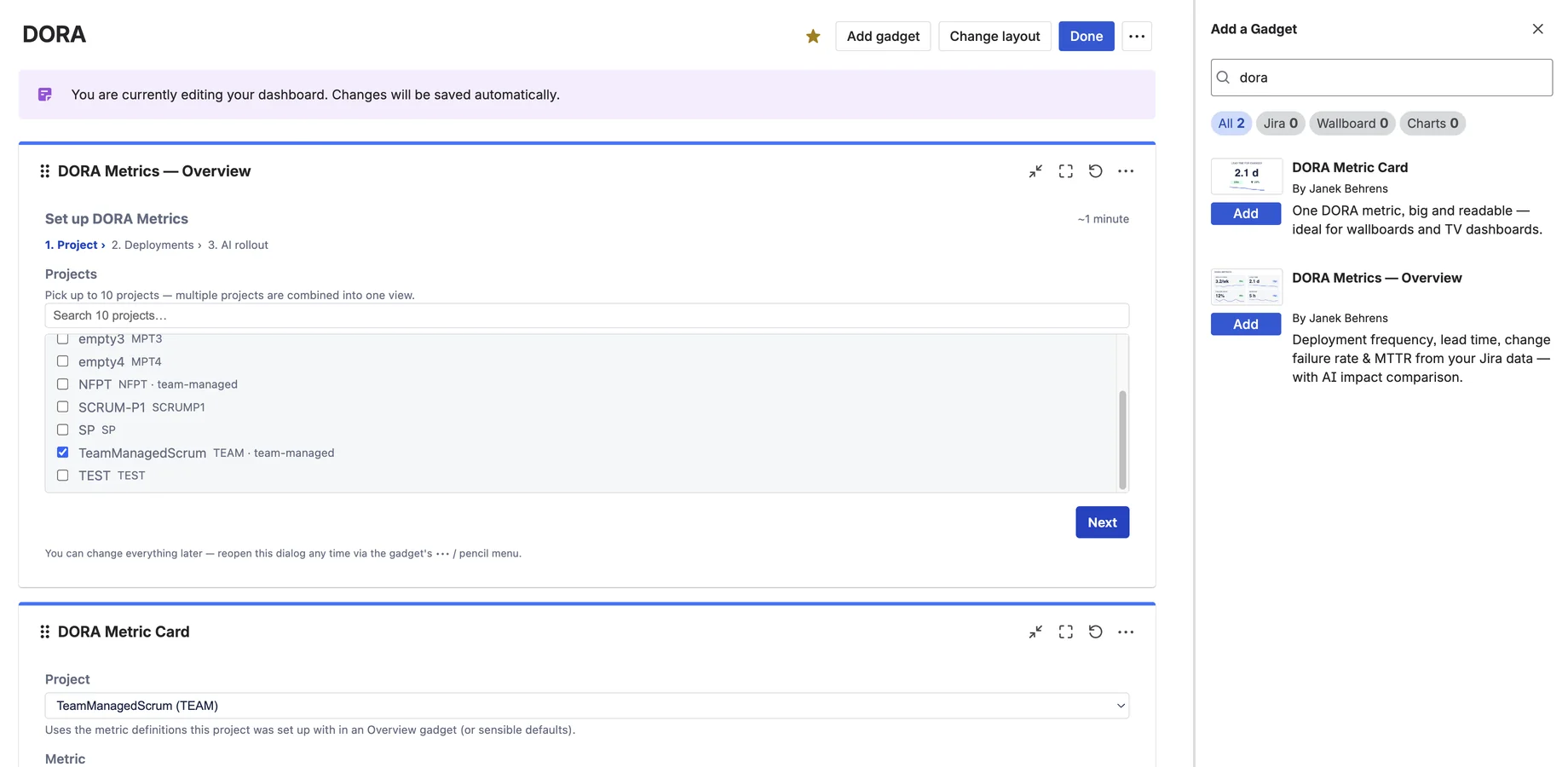 DORA Metrics setup wizard step one with project picker