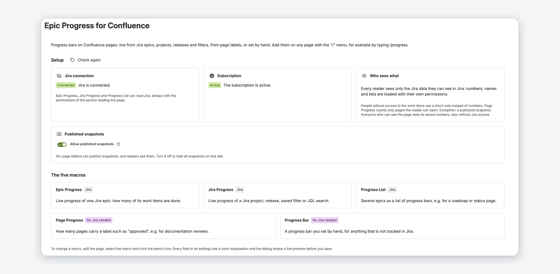 The admin page in the Confluence settings, also shown right after installation: Jira connection, subscription, who sees what, and the switch for published snapshots.