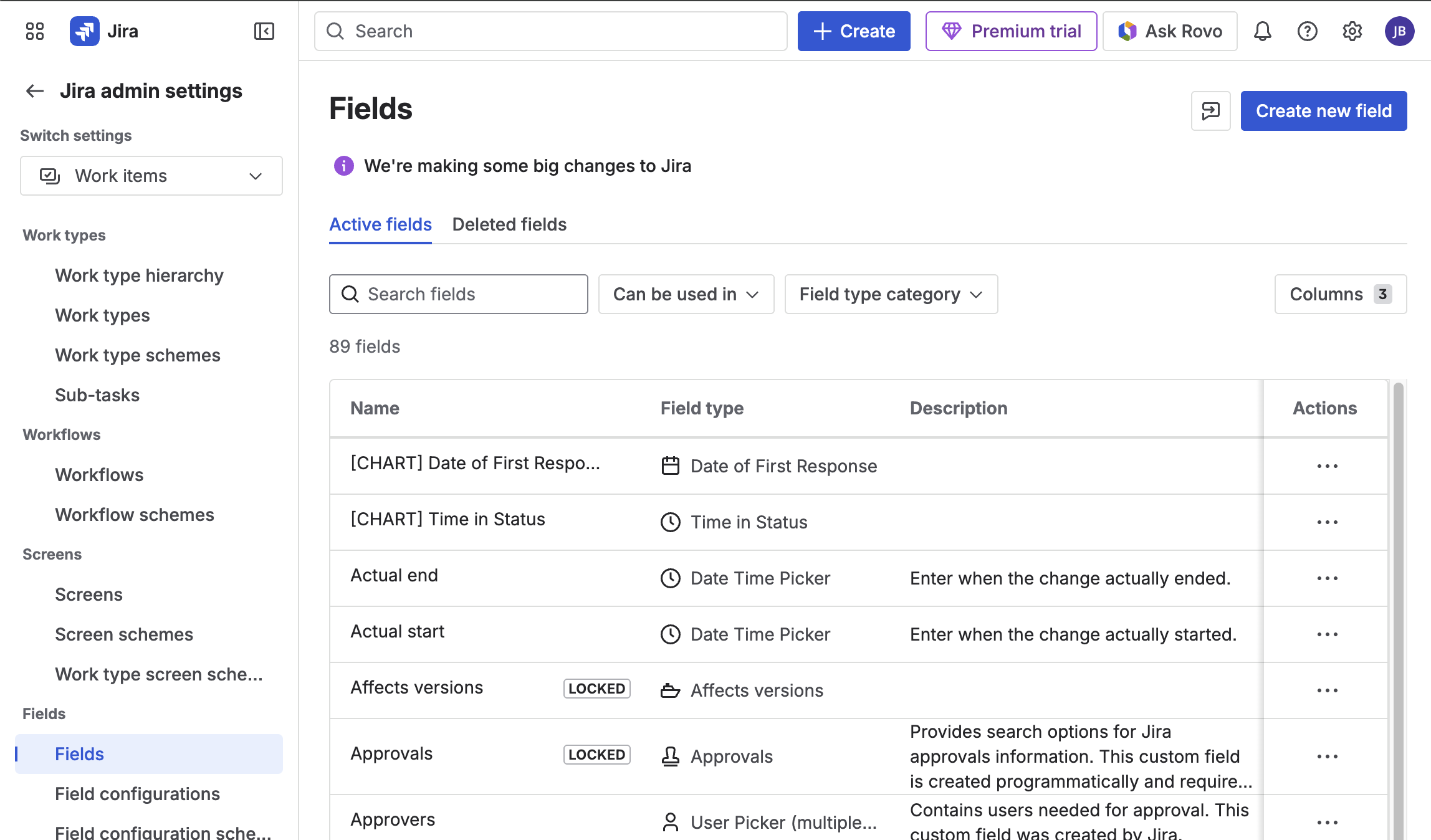 Jira Settings — Fields admin page showing the list of all custom fields with a 'Create new field' button