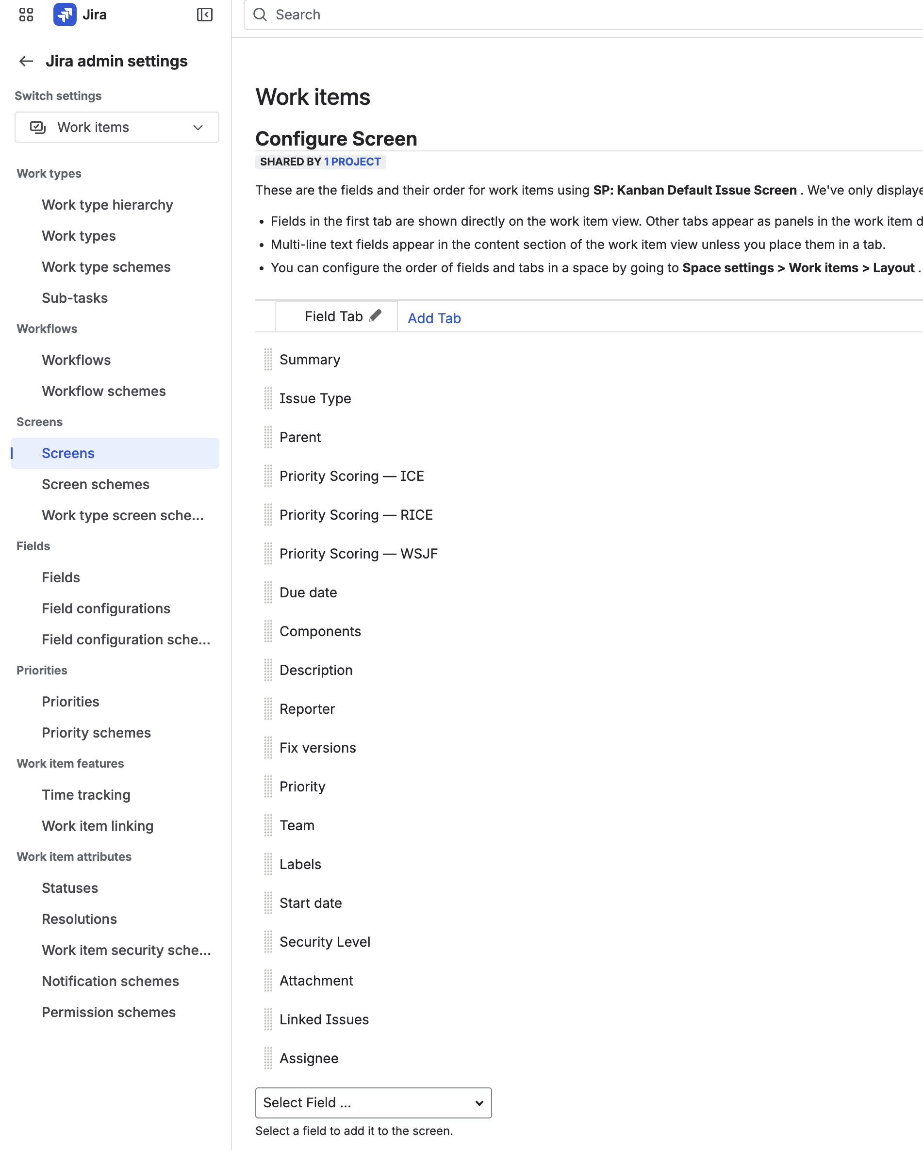 Configure Screen page in Jira Settings showing Priority Scoring — ICE, RICE, and WSJF fields already added to the Kanban Default Issue Screen