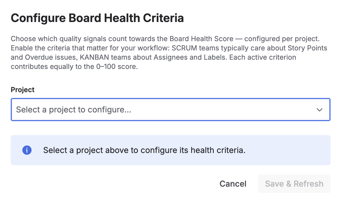 Priority Scoring Board Health configuration dialog — step 1: project selection dropdown
