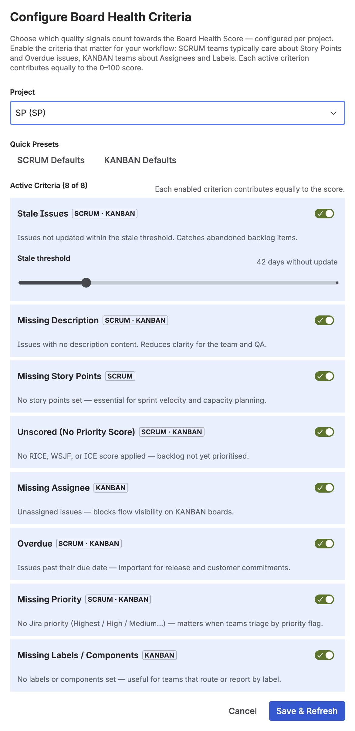 Priority Scoring Board Health configuration dialog — step 2: toggle active criteria with Scrum and Kanban preset buttons, stale threshold slider