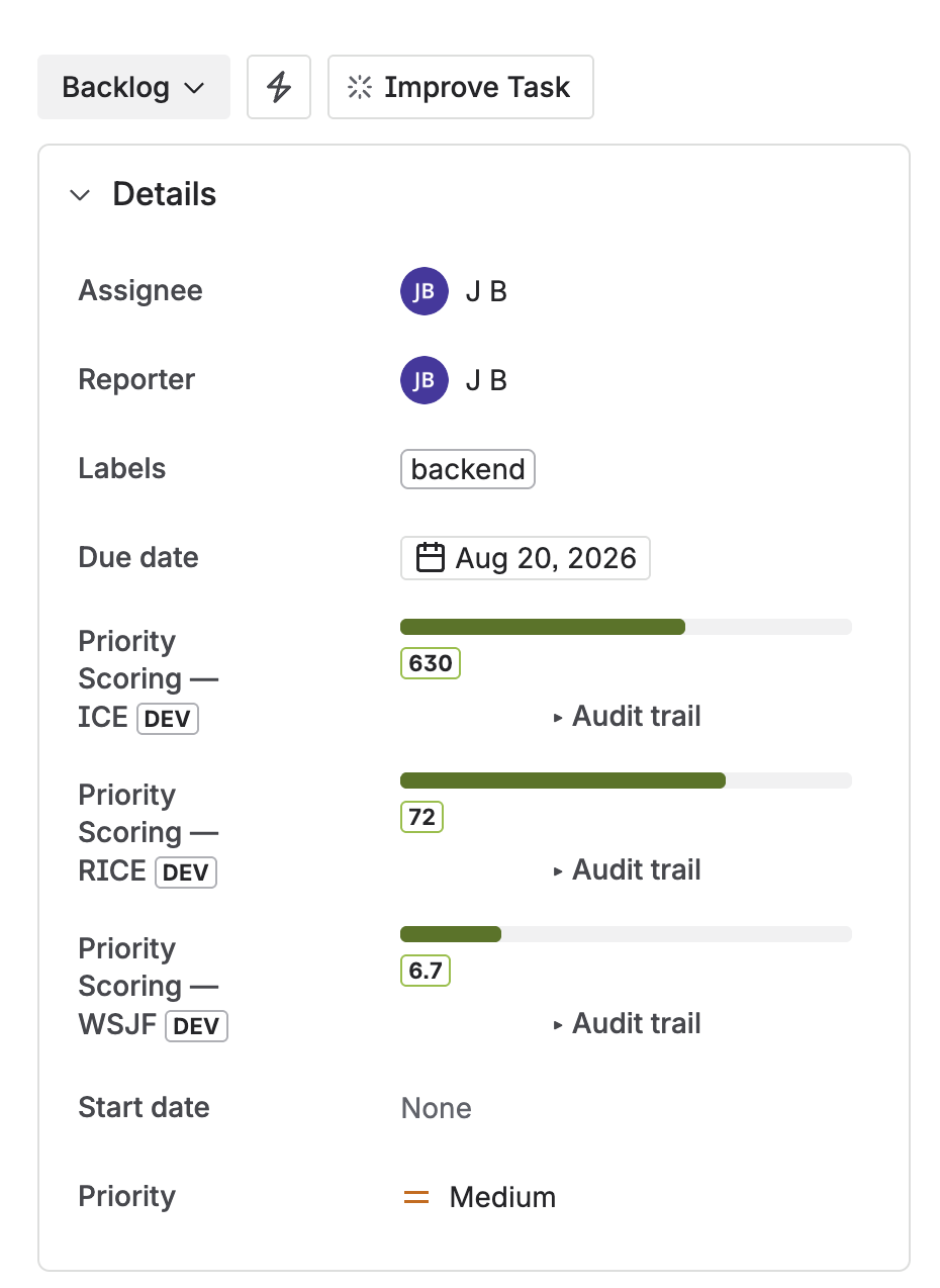 Jira issue view showing Priority Scoring custom fields — RICE, WSJF, and ICE sliders with live score calculation for each framework