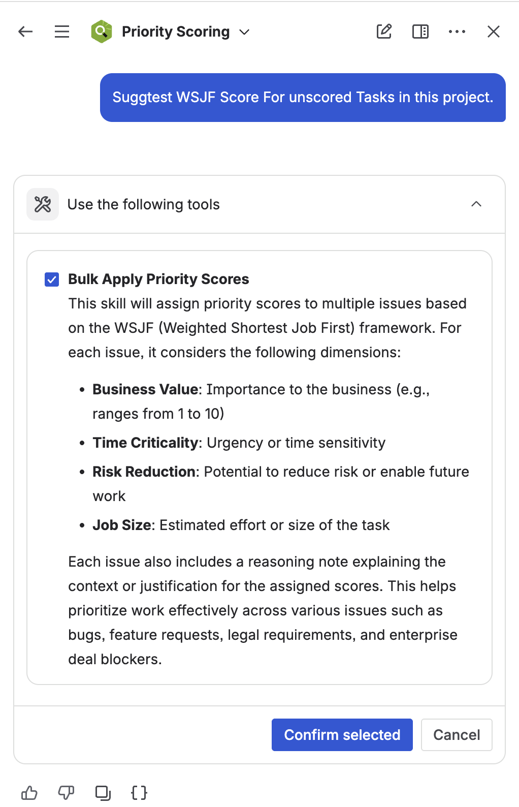 Rovo bulk scoring unscored Jira issues with the Priority Scoring agent