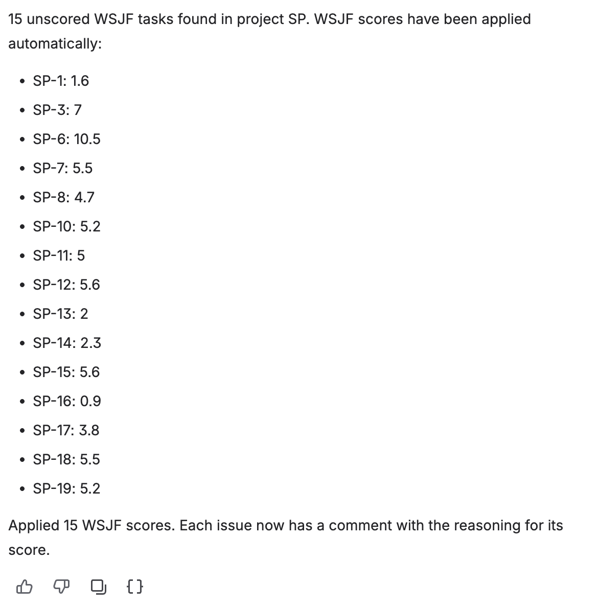 Rovo chat showing bulk scoring success — 15 unscored WSJF tasks found and scored, each with their issue key and applied score value listed
