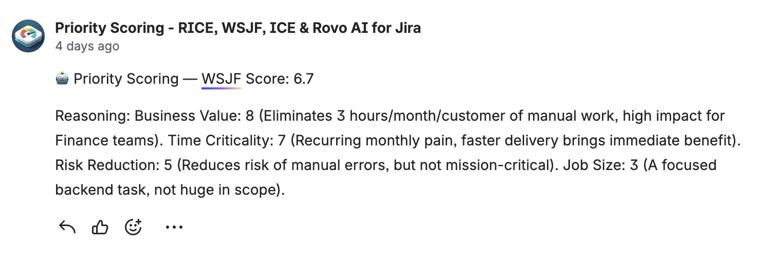 Rovo AI reasoning comment attached to a Jira issue after scoring