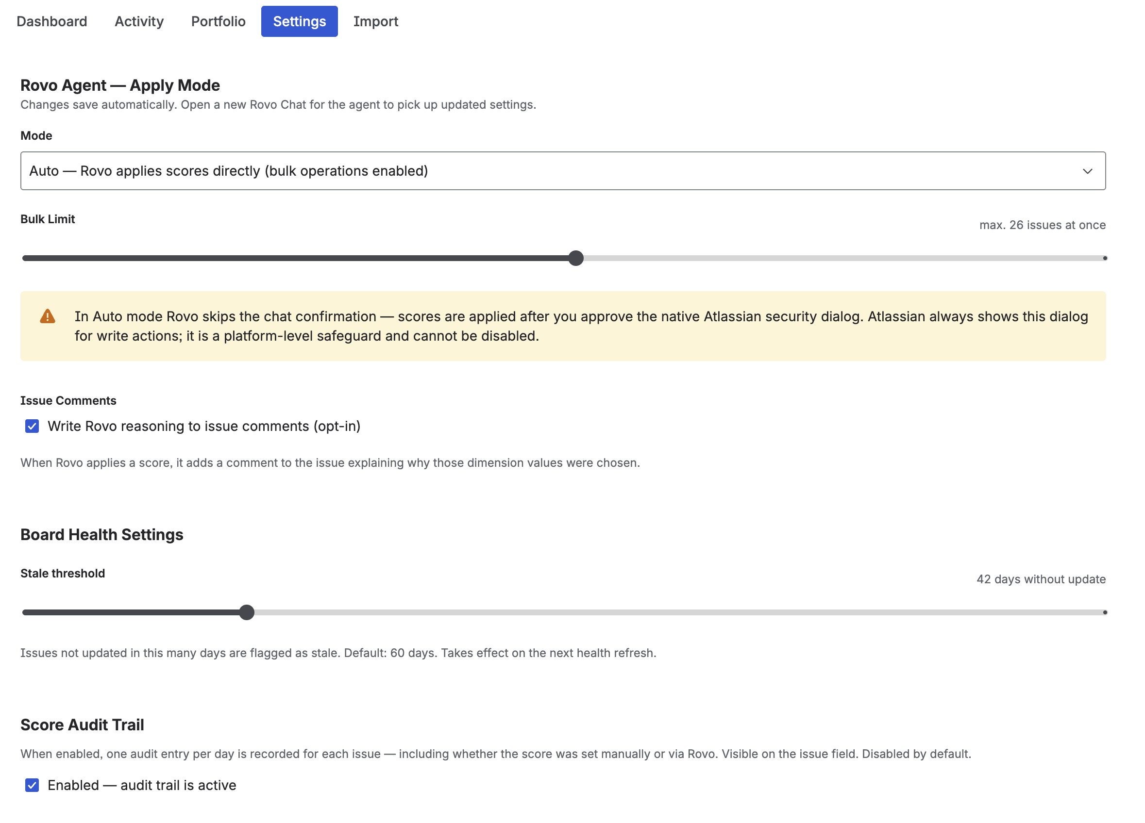 Priority Scoring Settings tab showing Rovo Agent Apply Mode set to Auto with a bulk limit slider, Issue Comments toggle enabled, Board Health Settings stale threshold slider, and Score Audit Trail toggle