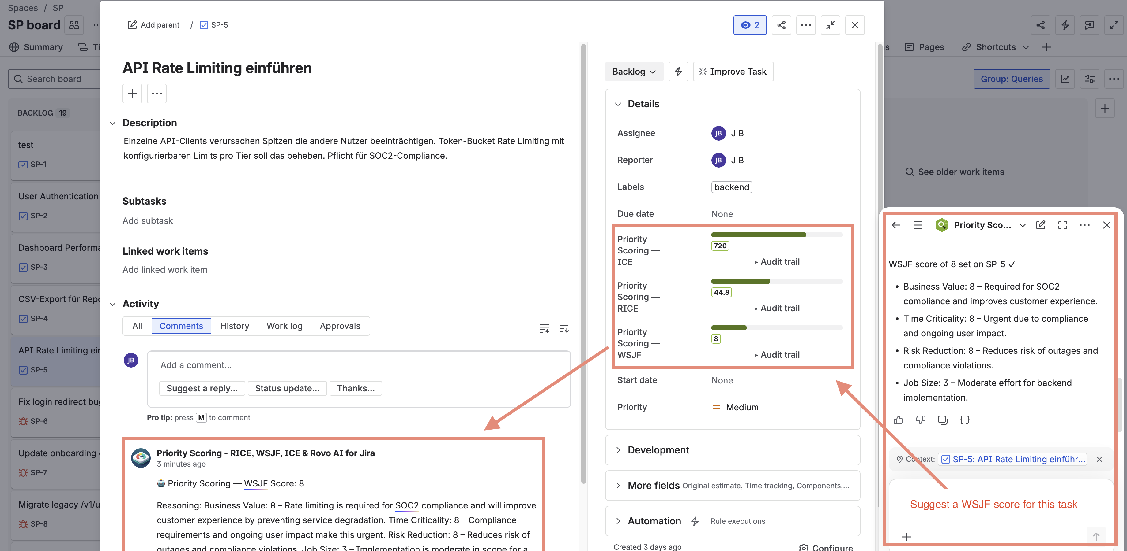 Jira issue view with Rovo side panel open, showing Priority Scoring suggestions with reasoning for each dimension alongside the score fields on the issue