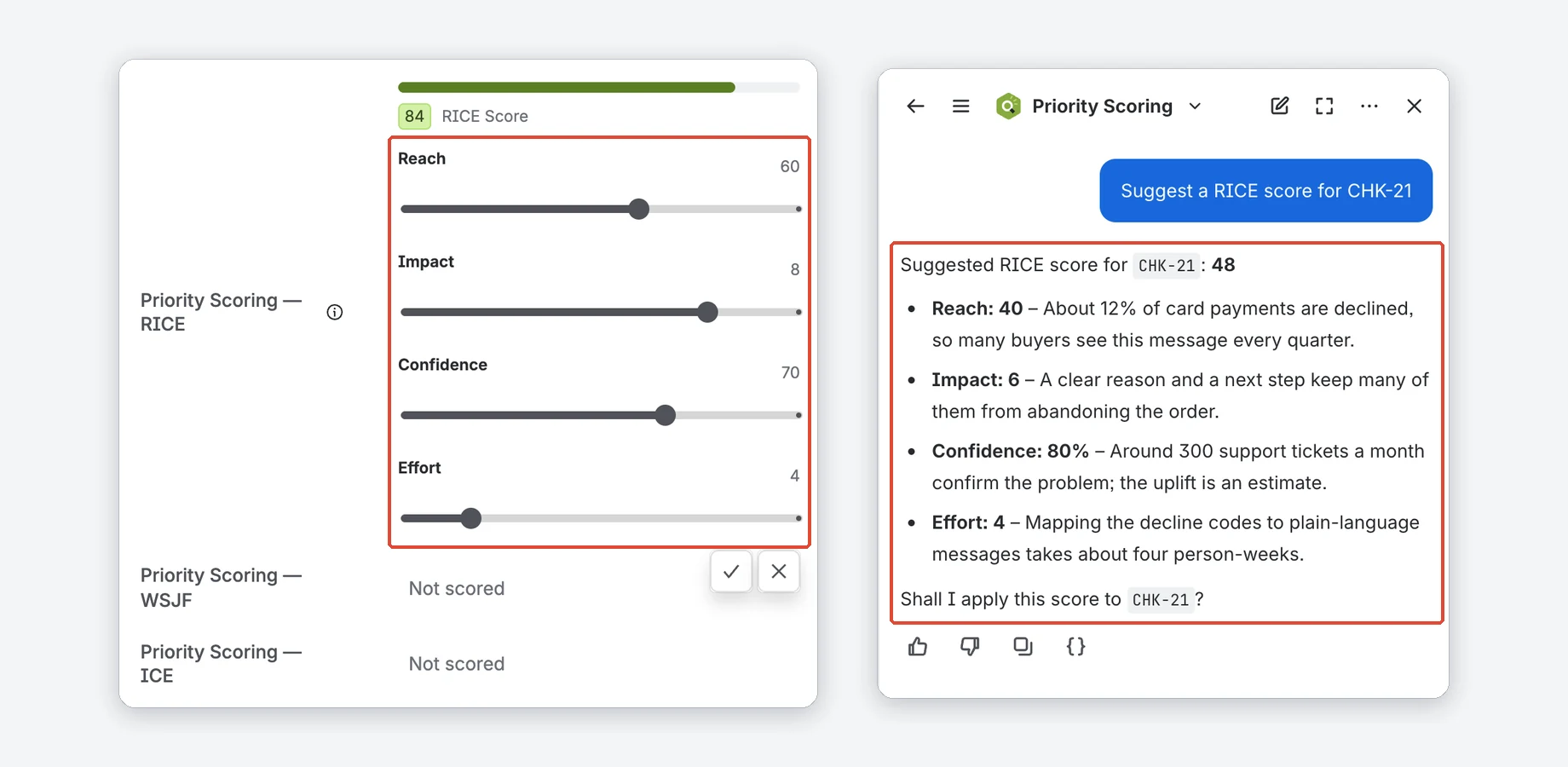 RICE field opened on a Jira issue with sliders for Reach, Impact, Confidence and Effort and a score of 84; next to it a Rovo chat suggesting a RICE score with a reason for each dimension. The Rovo panel is recreated for this image.