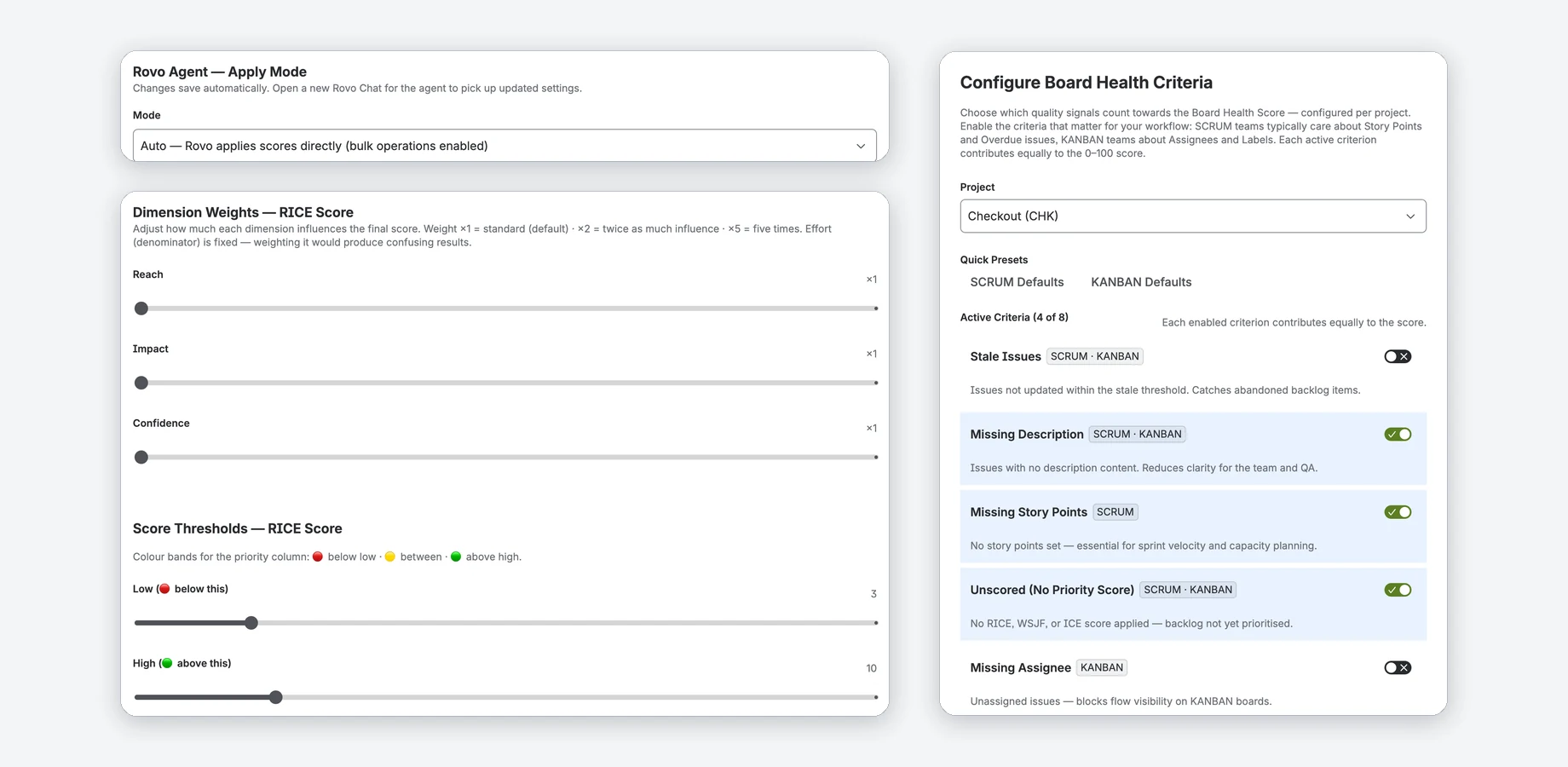 Settings for the Rovo apply mode, Dimension Weights for RICE and Score Thresholds (Low 3, High 10), next to the Configure Board Health Criteria dialog