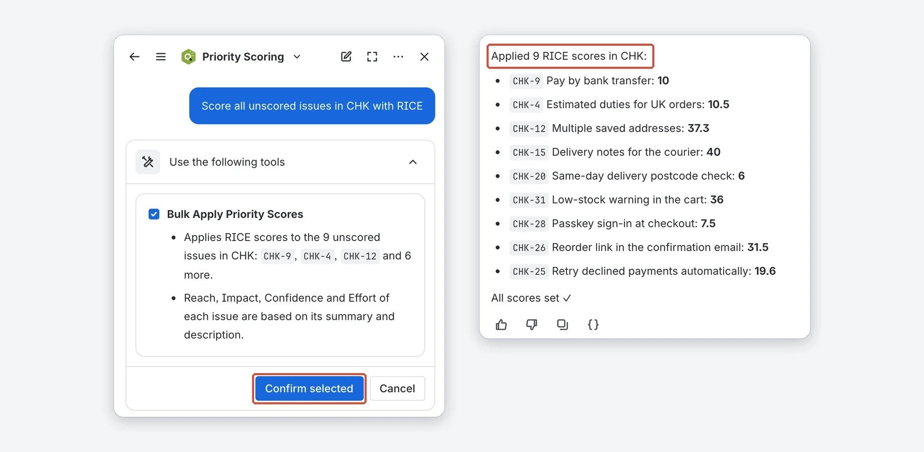 Rovo chat in Auto mode: the request to score all unscored issues in CHK with RICE, the Bulk Apply Priority Scores tool with Confirm selected, and the result Applied 9 RICE scores in CHK. The Rovo chat panel is recreated for this image.