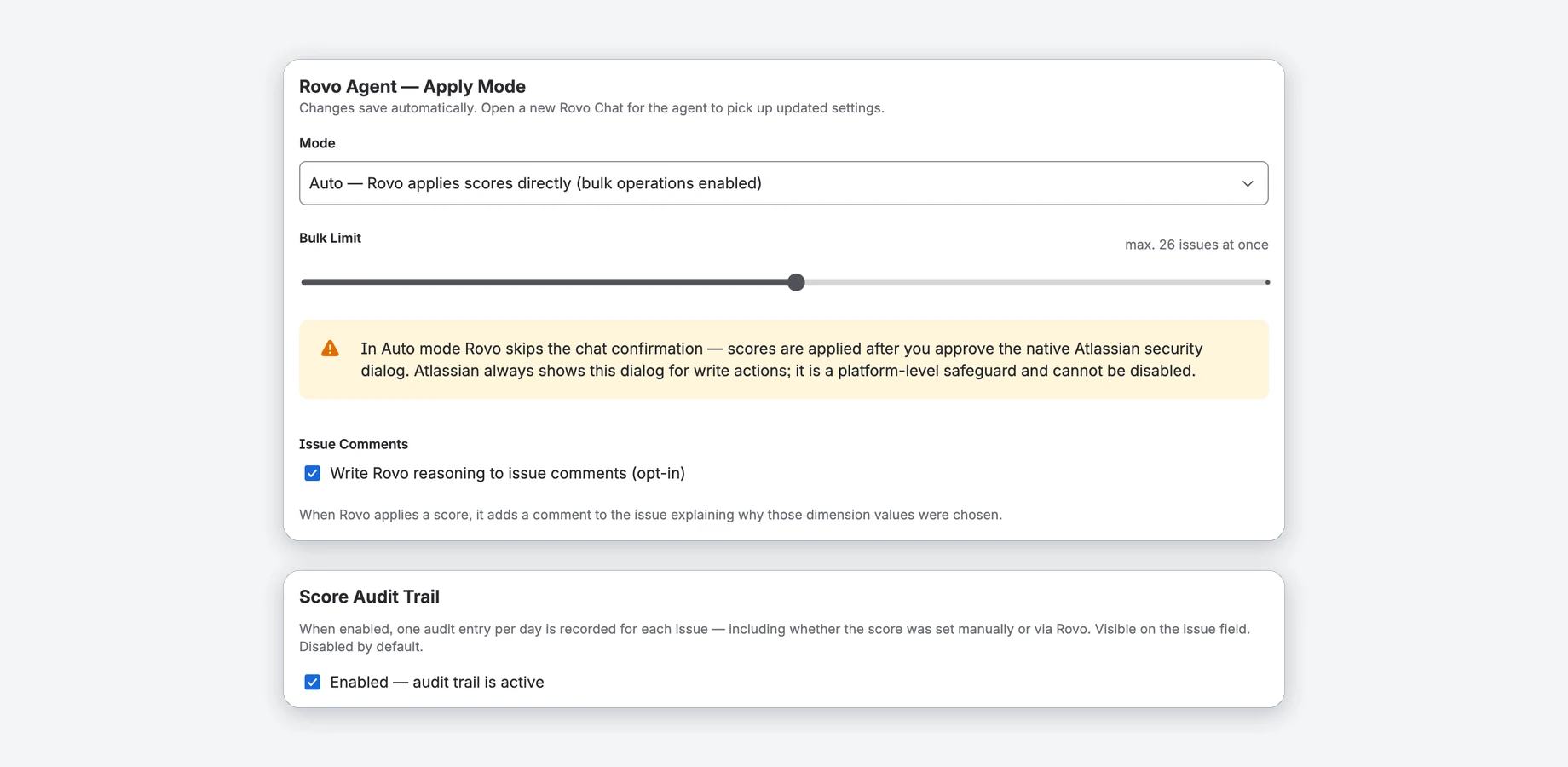 Settings tab: Rovo Agent Apply Mode set to Auto with the bulk limit slider and the Auto-mode notice, the issue comments option and the Score Audit Trail option, both enabled