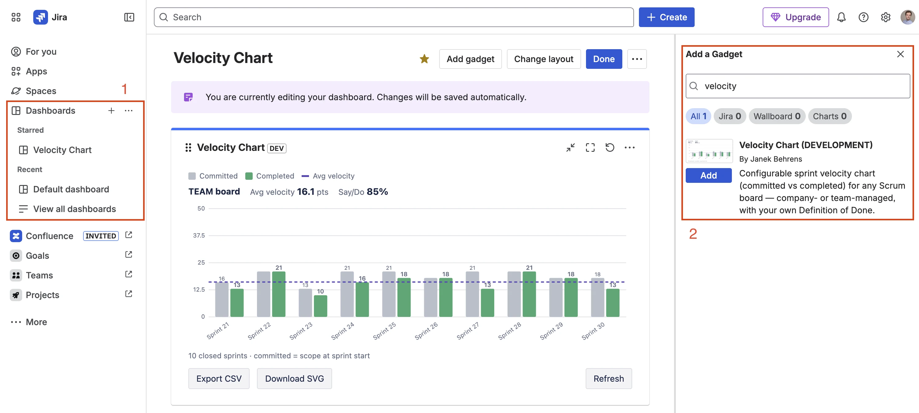Adding the Velocity Chart gadget to a Jira dashboard