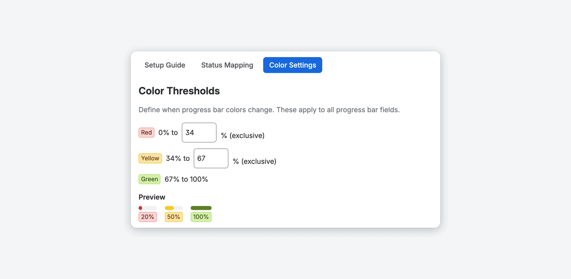 Administratorseite, Registerkarte Color Settings: Rot unter 34 %, Gelb von 34 bis 66 %, Grün ab 67 %, mit Live-Vorschau dreier Balken.
